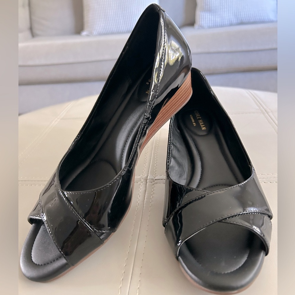 Cole Haan Grand OS Black Patent Wedge Shoes